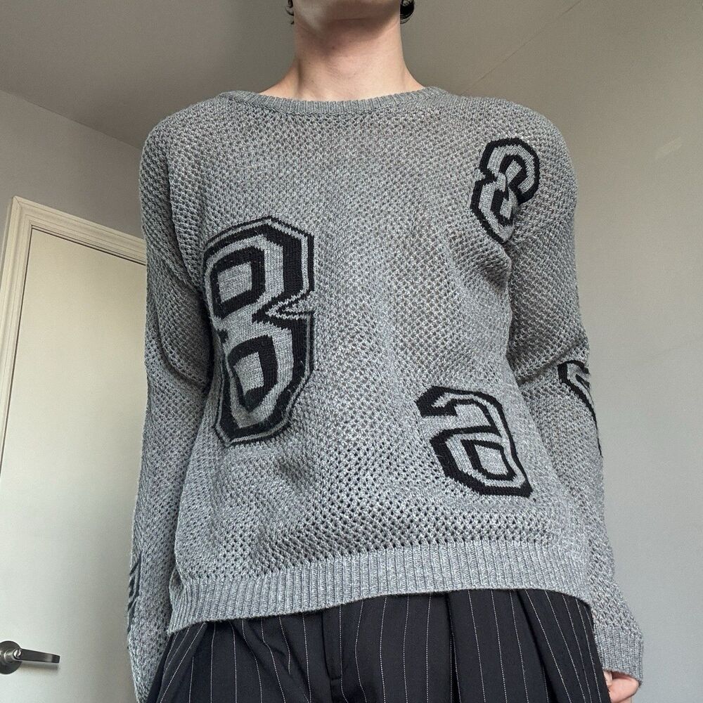 Japanese Designer Yoki Gray knit Graphic Knit Sweater Oversized Unisex XL